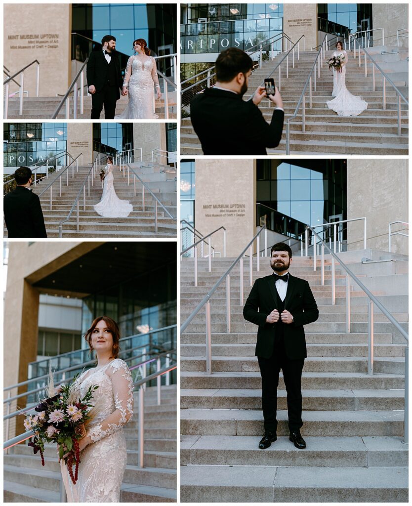 bride and groom hold hands on steps of museum by Charlotte wedding photographer