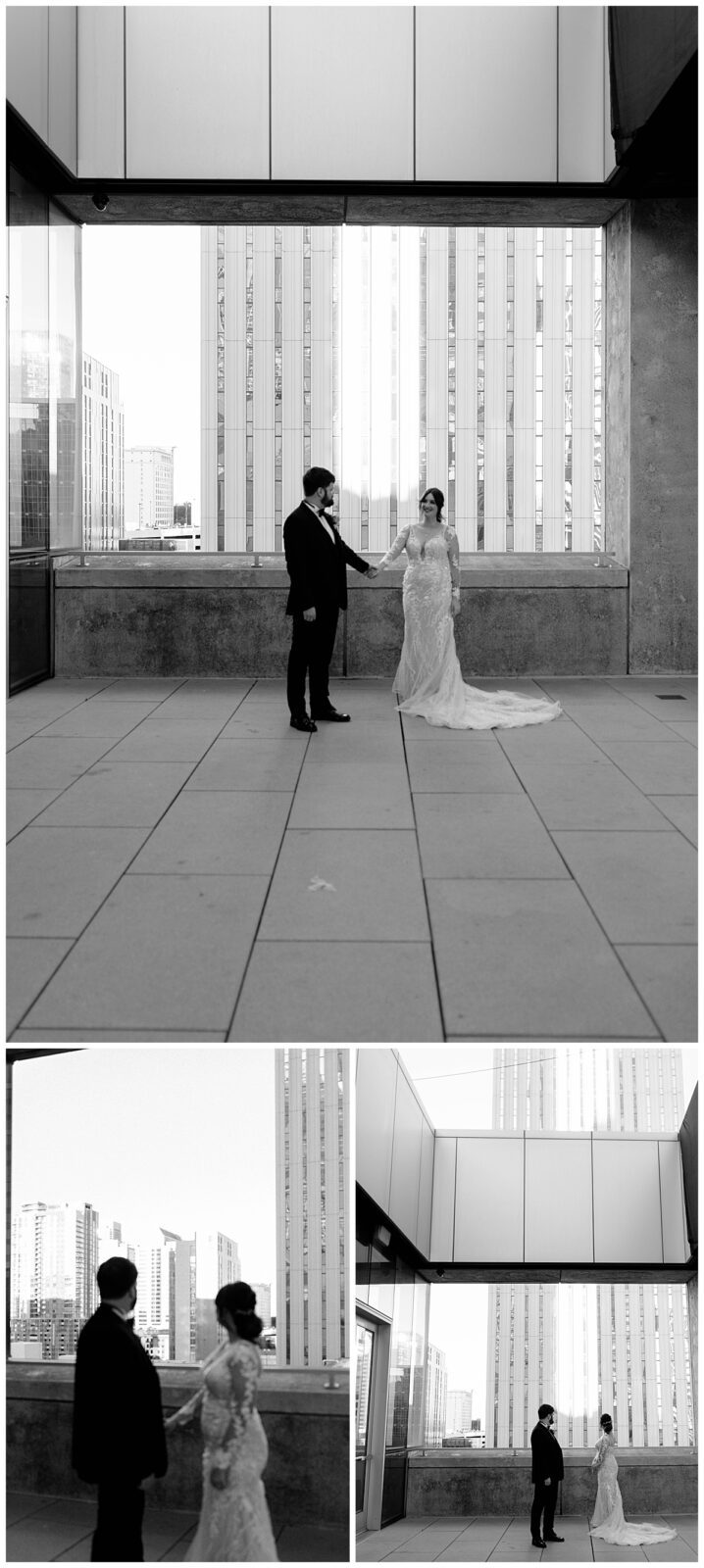 couple stands on rooftop overlooking city at modern art museum