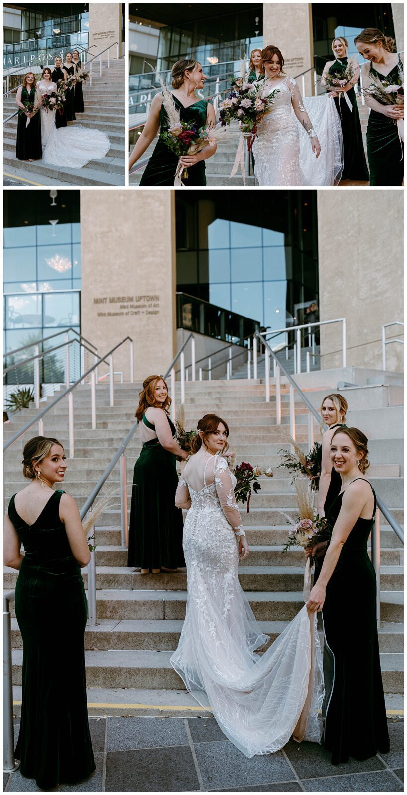 bridesmaids hold bride's dress on steps outside building by Charlotte wedding photographer