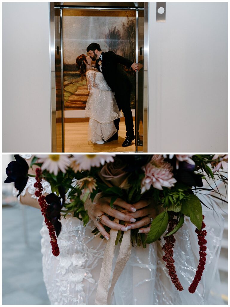 groom dips bride and kisses her in an elevator by Charlotte wedding photographer
