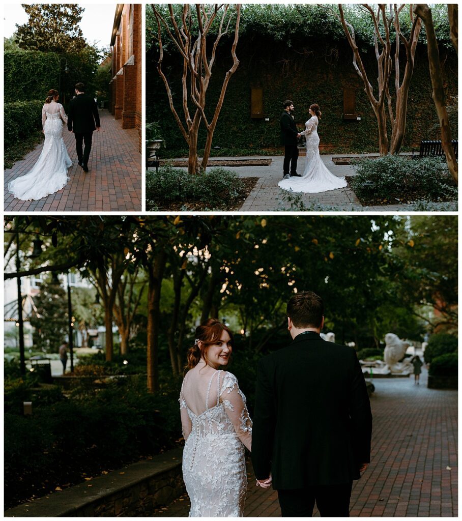 man and woman walk on brick sidewalk lined with trees by The Hazel Club