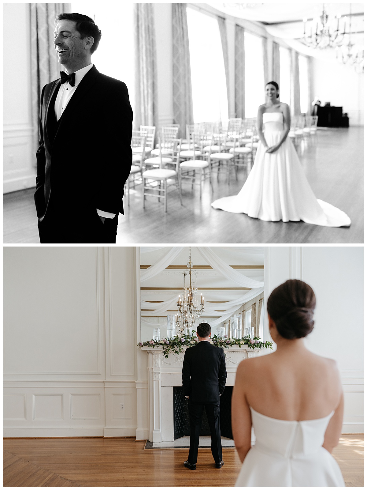 bride waits behind groom for first look by Charlotte wedding photographer