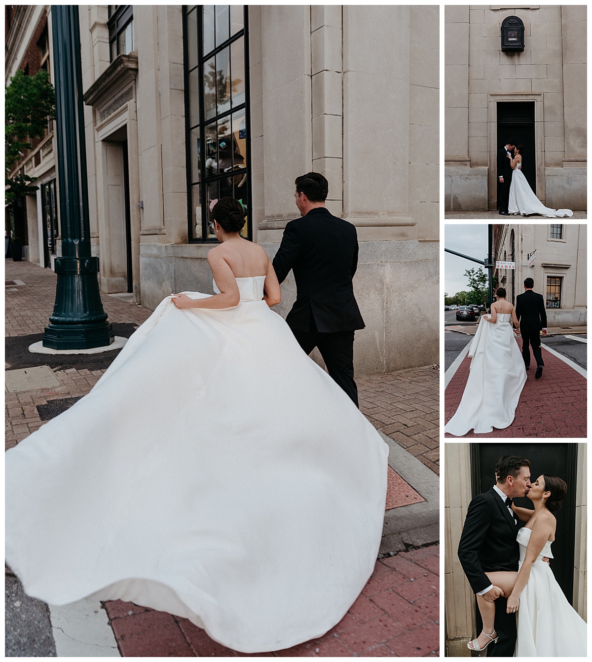 couple crosses street with white gown blowing in wind at Hotel Concord