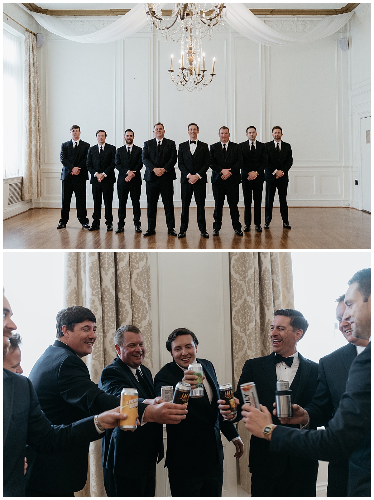 groomsmen stand shoulder to shoulder and then toast their drinks by The Hazel Club