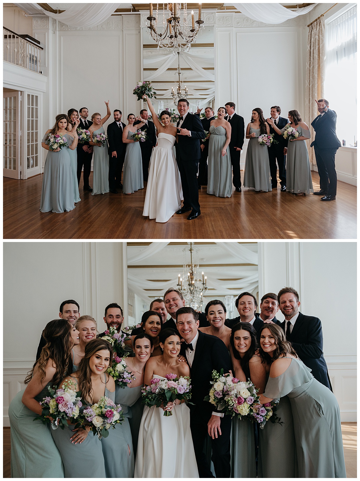 bridal party leans in around newlyweds at Hotel Concord