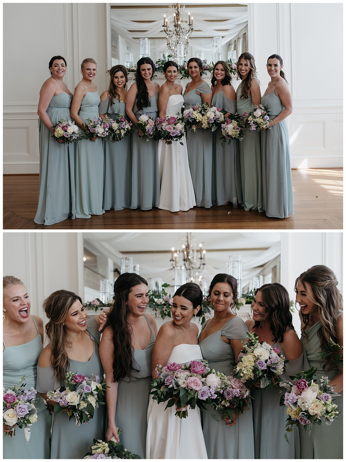 bridesmaids stand together in front of fireplace by Charlotte wedding photographer