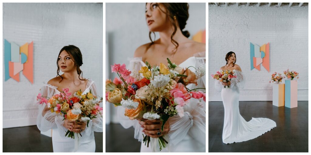 model holds bouquet in front of wall art piece at Charlotte wedding photographer
