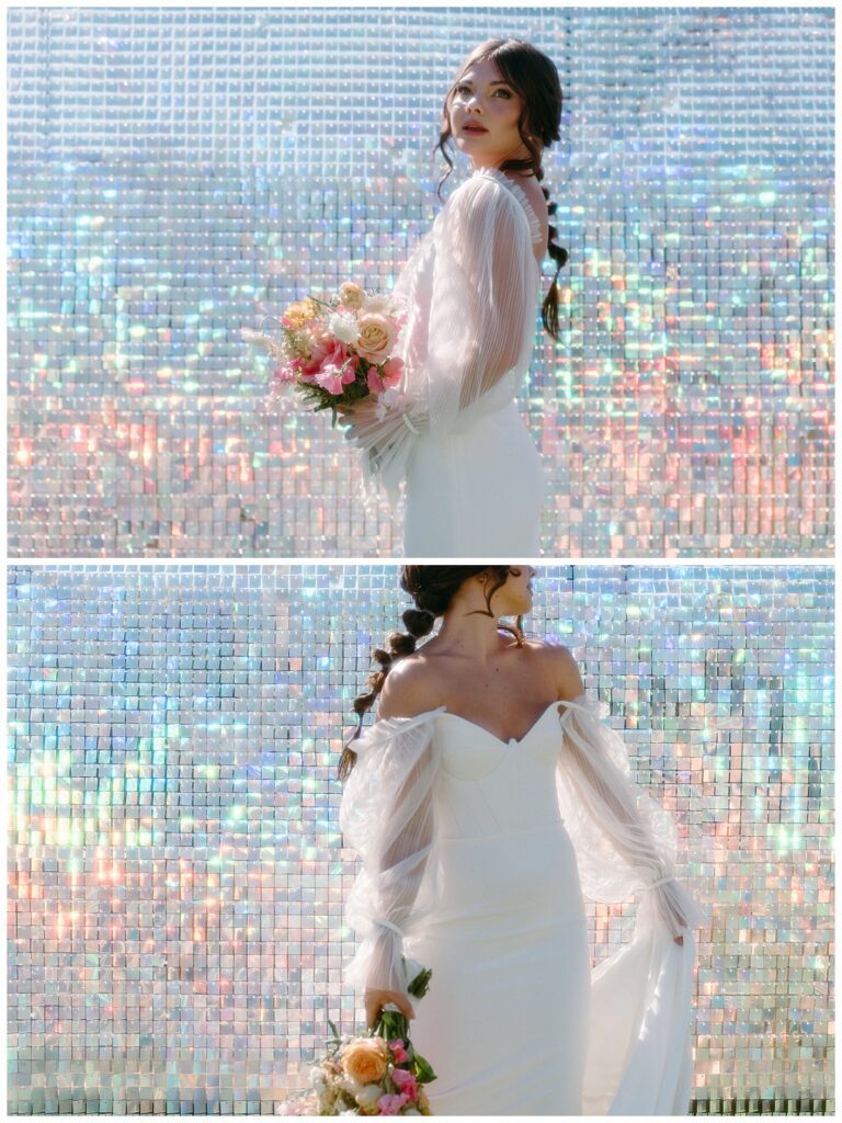 model stands in front of sequin wall by Charlotte wedding photographer