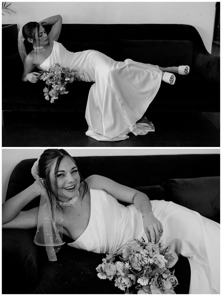 model lays across couch in white gown by Charlotte wedding photographer