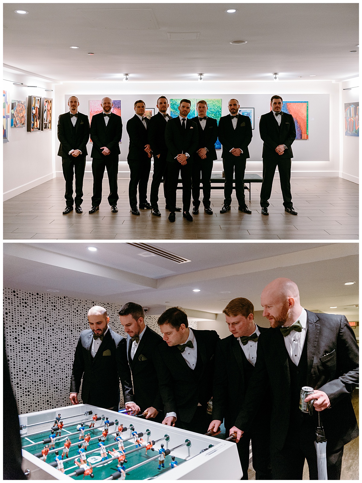 groomsmen stand in middle of art installation by destination wedding photographer