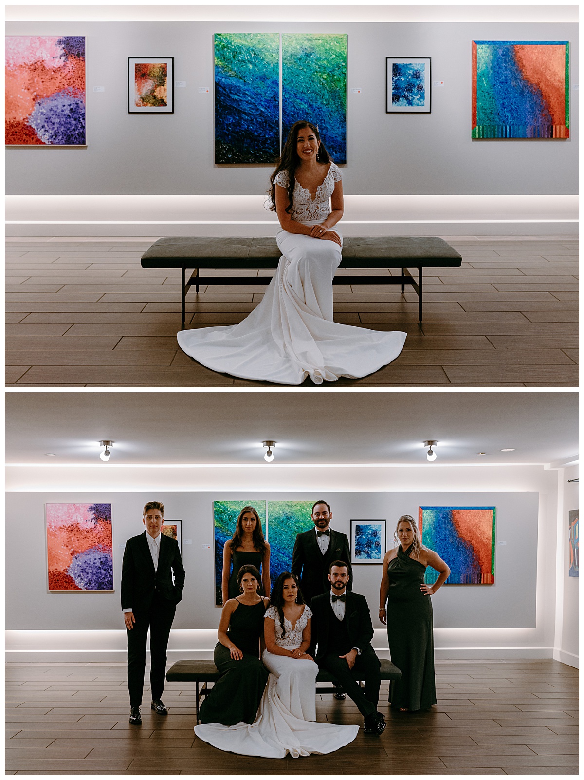 bride sits in art gallery with bridal party by The Hazel Club