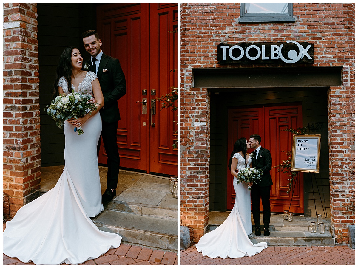 couple stands and kisses outside venue by destination wedding photographer