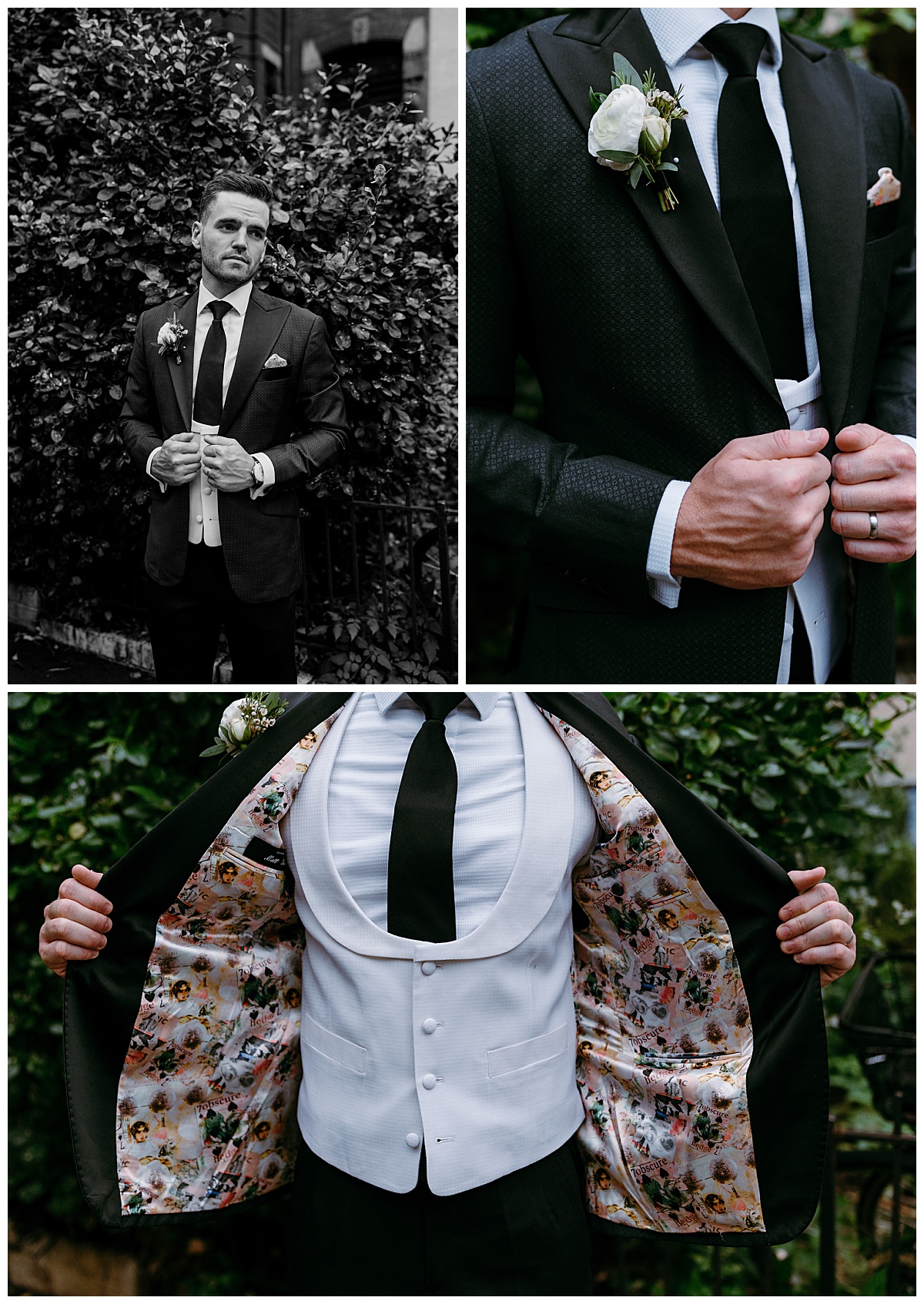 groom shows off tux and custom lining at Toolbox DC