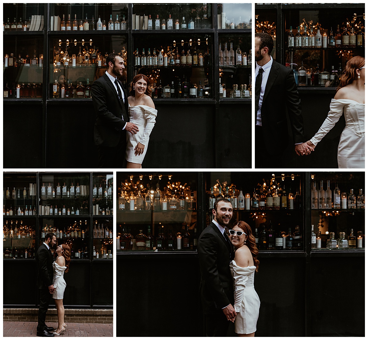 fiancés stand in front of city bar captured by Charlotte wedding photographer