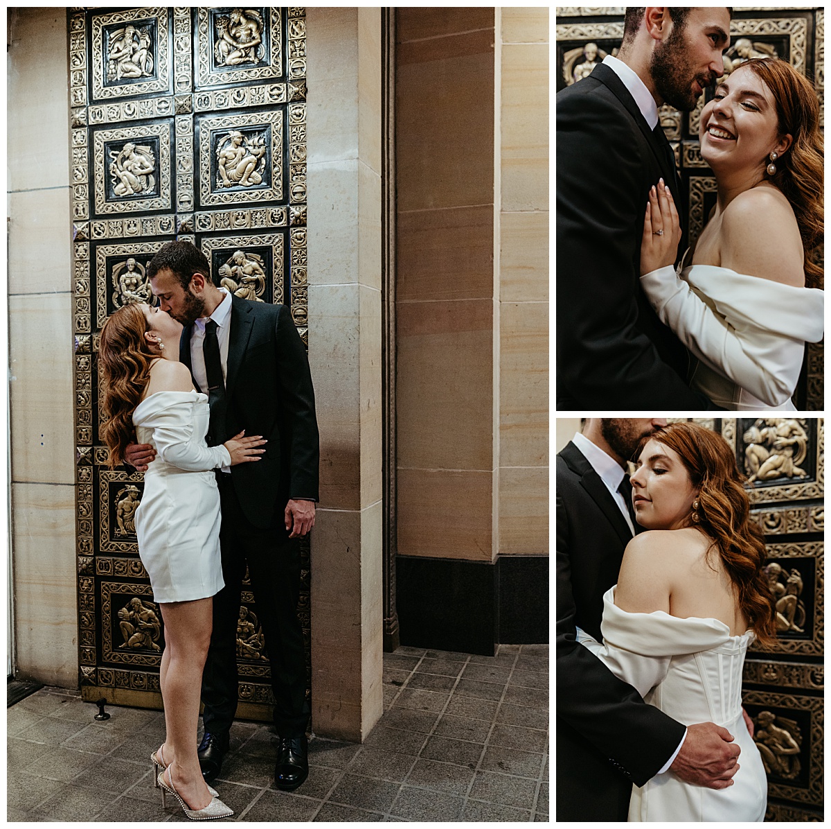 fiancés kiss and cuddle in hotel lobby by Charlotte wedding photographer