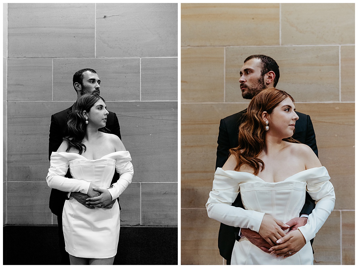 man has arms around woman's waist while she leans her back on him by Charlotte wedding photographer