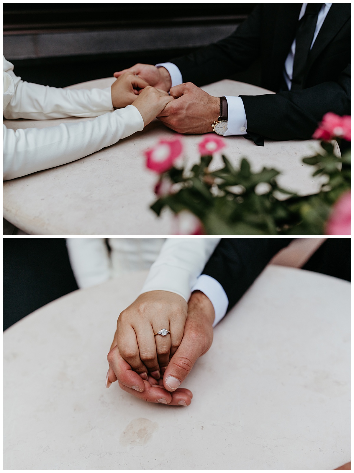 man and woman hold hands across table and show off ring by The Hazel Club
