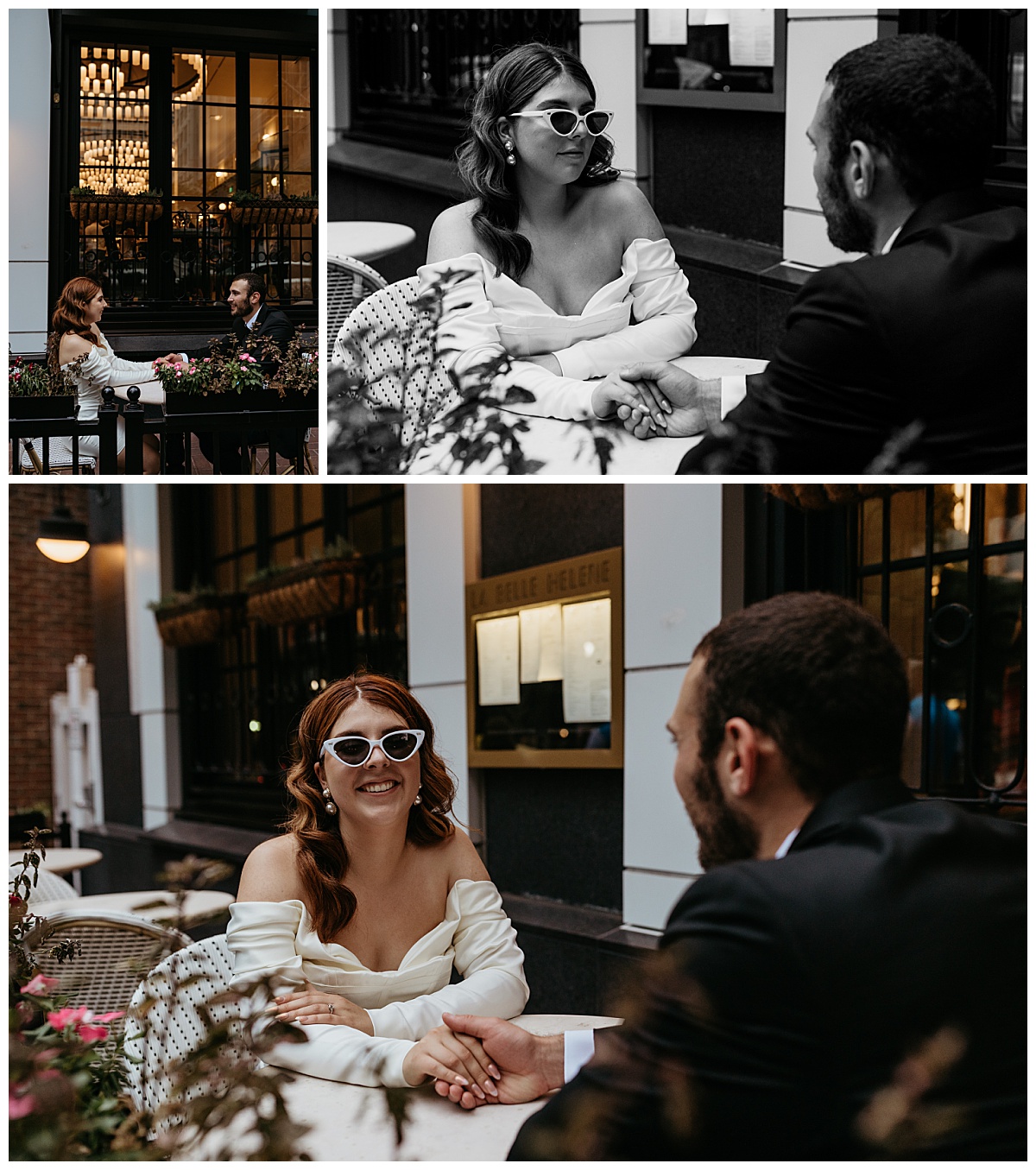 couple holds hands across table while woman wears sunglasses during downtown engagement session