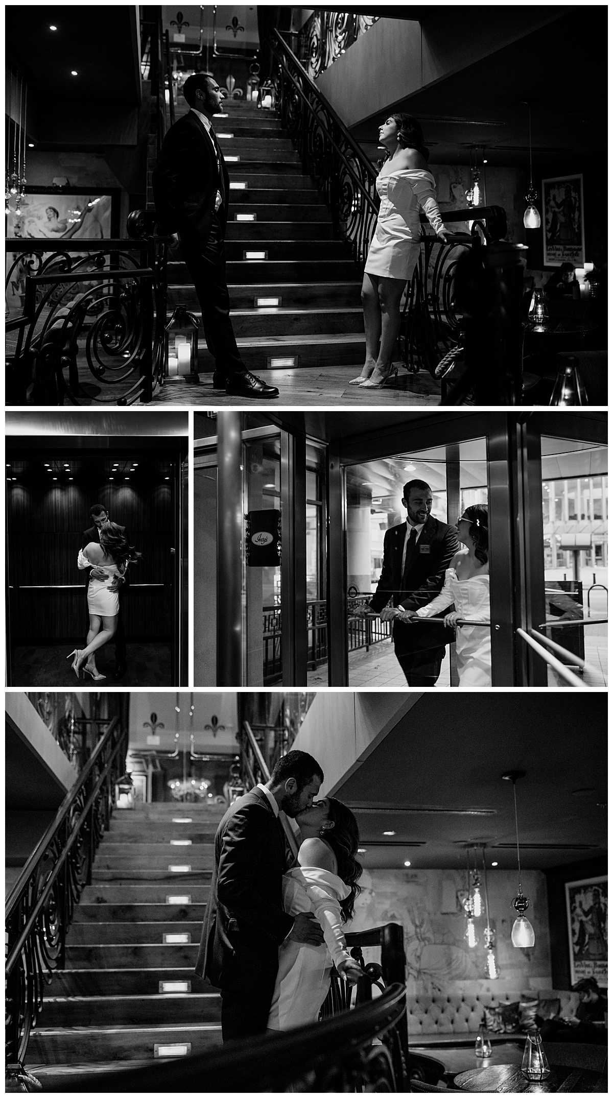 couple walks through hotel lobby and kisses in the elevator during downtown engagement session