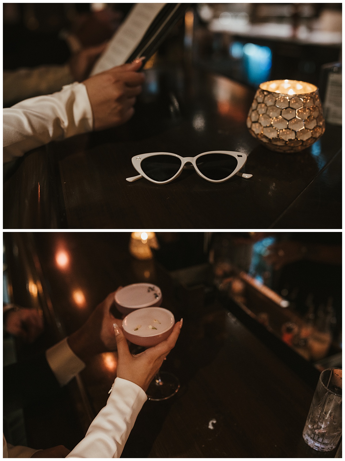 sunglasses sit on bar while couple makes toast with two glasses by The Hazel Club
