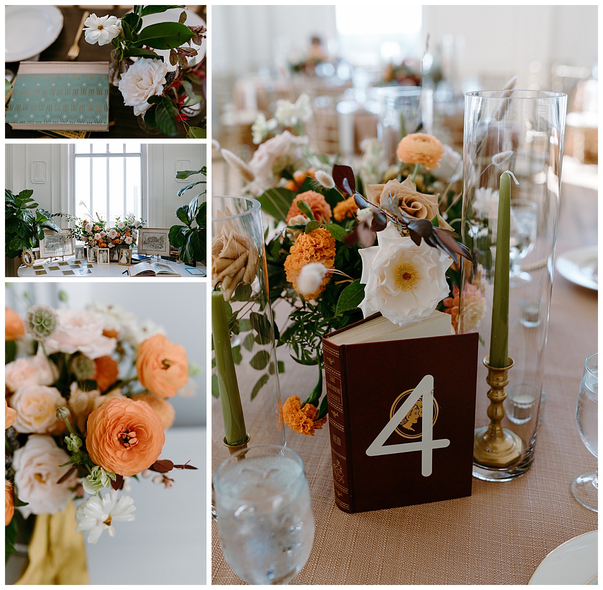tables adorned with books, candles, and floral centerpieces by The Hazel Club