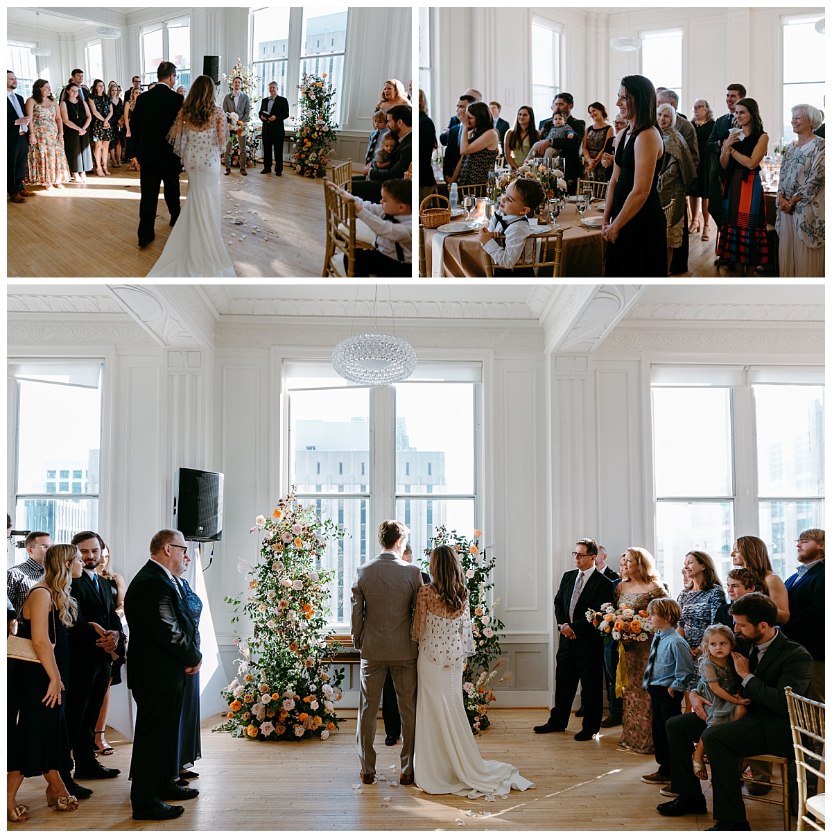 guests stand as bride and groom hold hands at the altar by North Carolina wedding photographer
