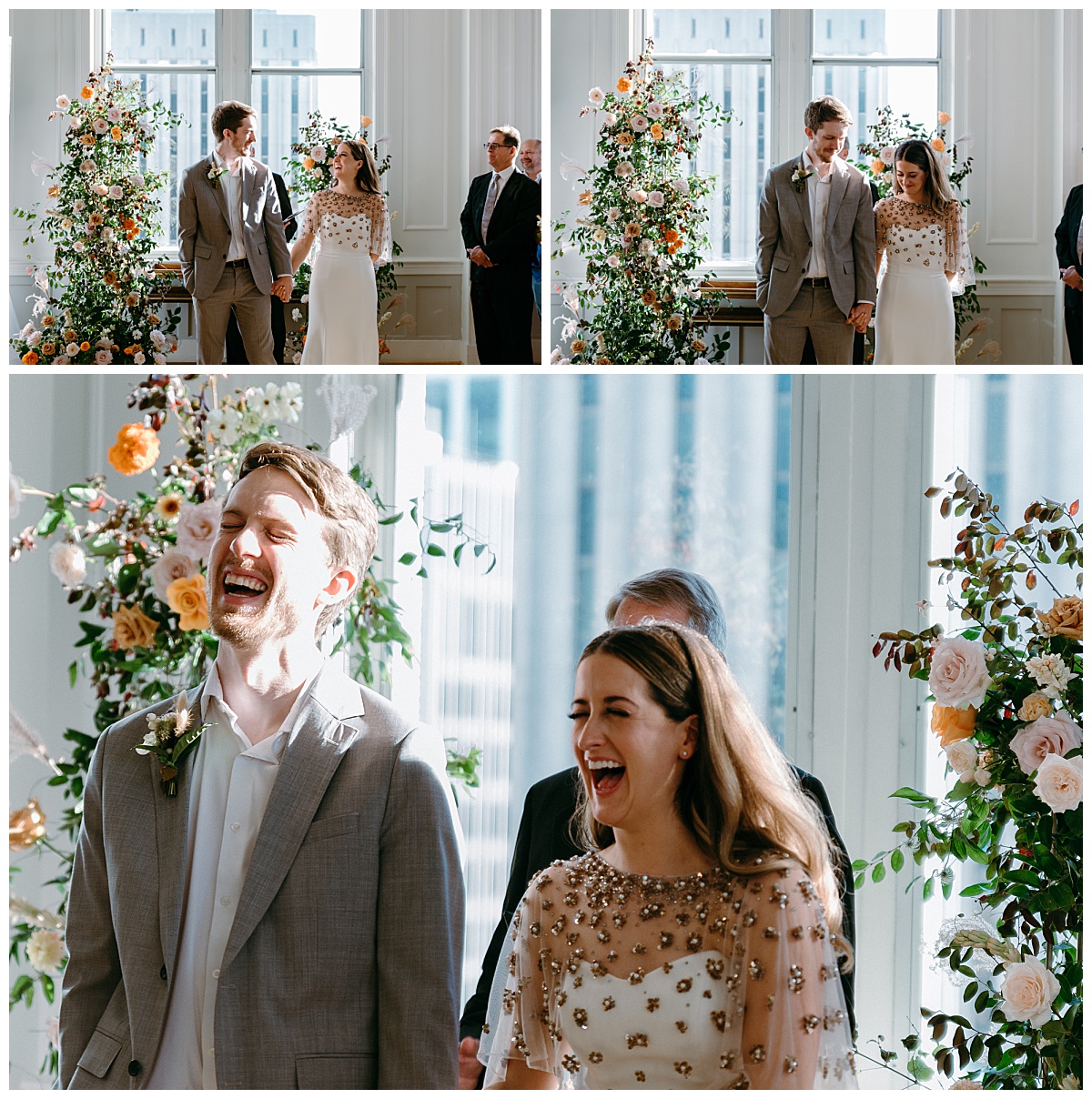 couple laughs together at ceremony altar by The Hazel Club