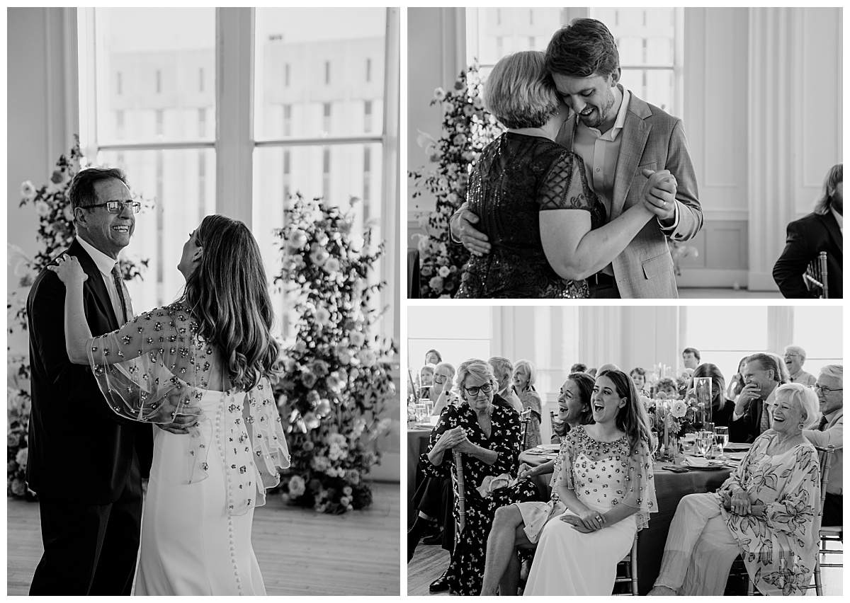 bride and groom share first dances with their parents during reception by North Carolina wedding photographer