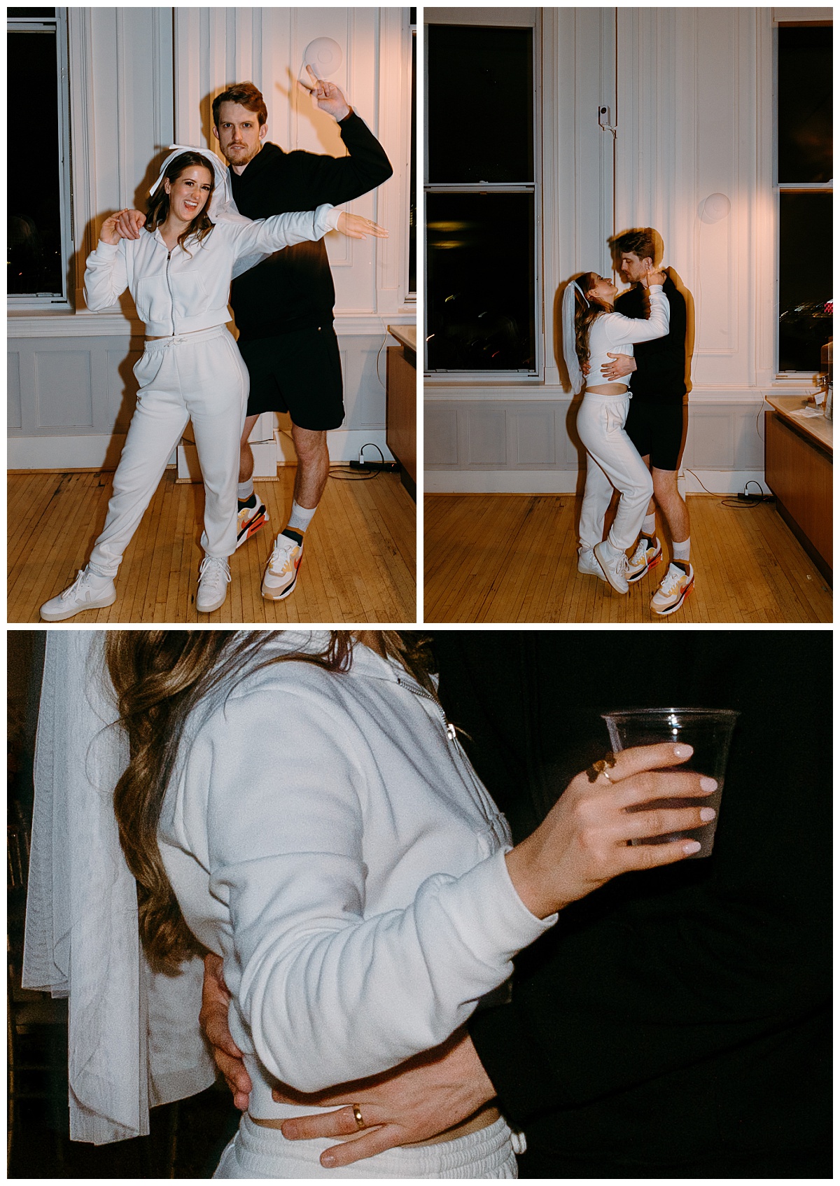 couple wears matching sweatsuits as they dance at their reception at the Cannon Room