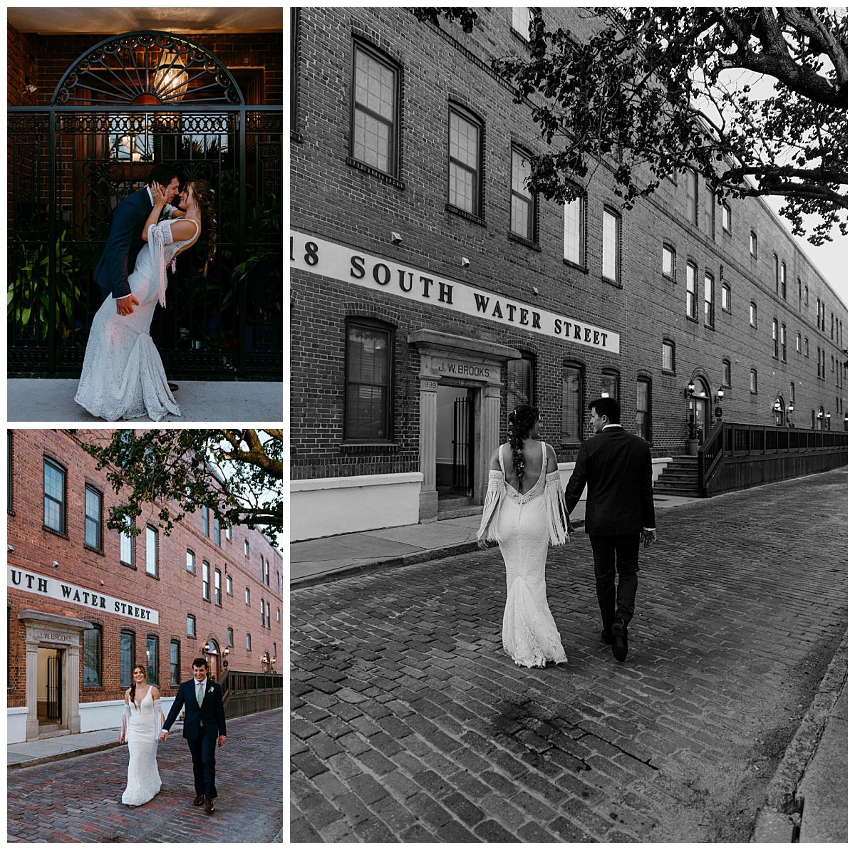 newlyweds walk down brick road holding hands by North Carolina wedding photographer