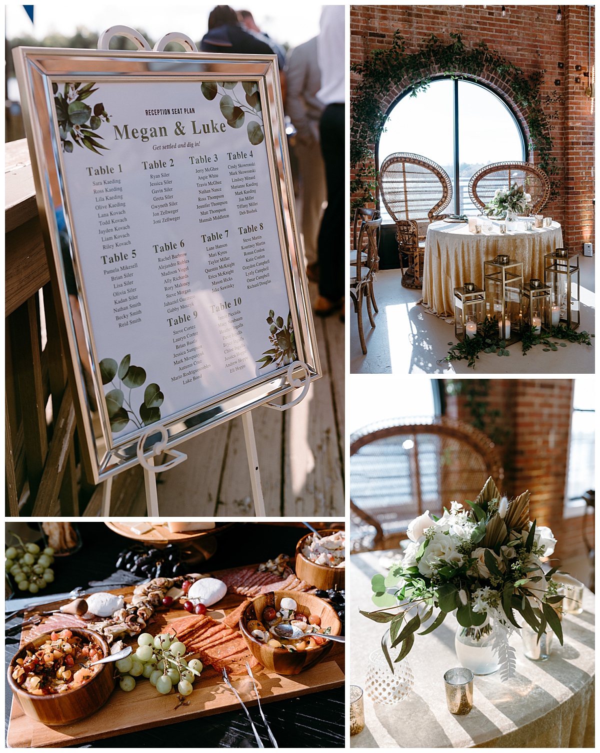 reception florals, seating chart, and charcuterie tray by The Hazel Club