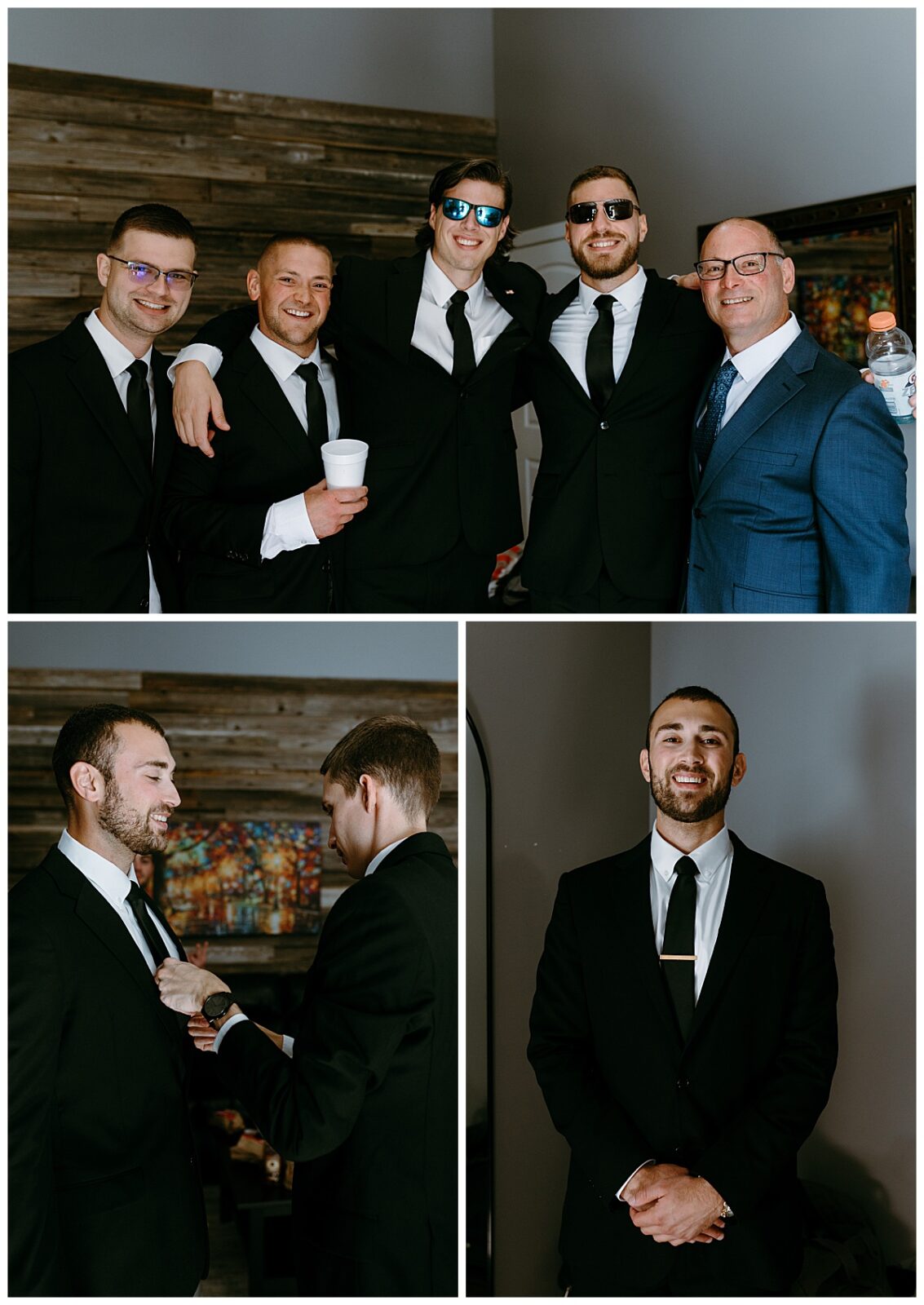 groomsmen stand together as groom gets ready by North Carolina wedding photographer
