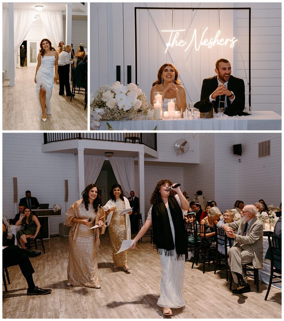 couple laughs as guests perform at reception by North Carolina wedding photographer