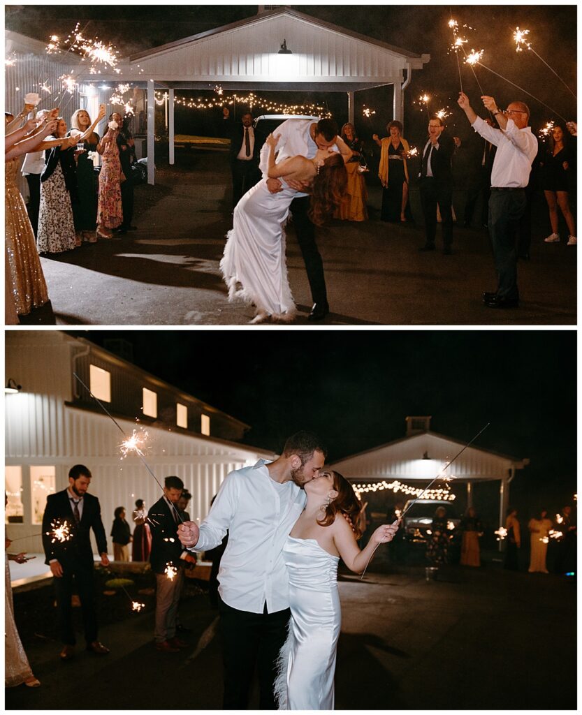 newlyweds kiss surrounded by sparklers after reception by North Carolina wedding photographer