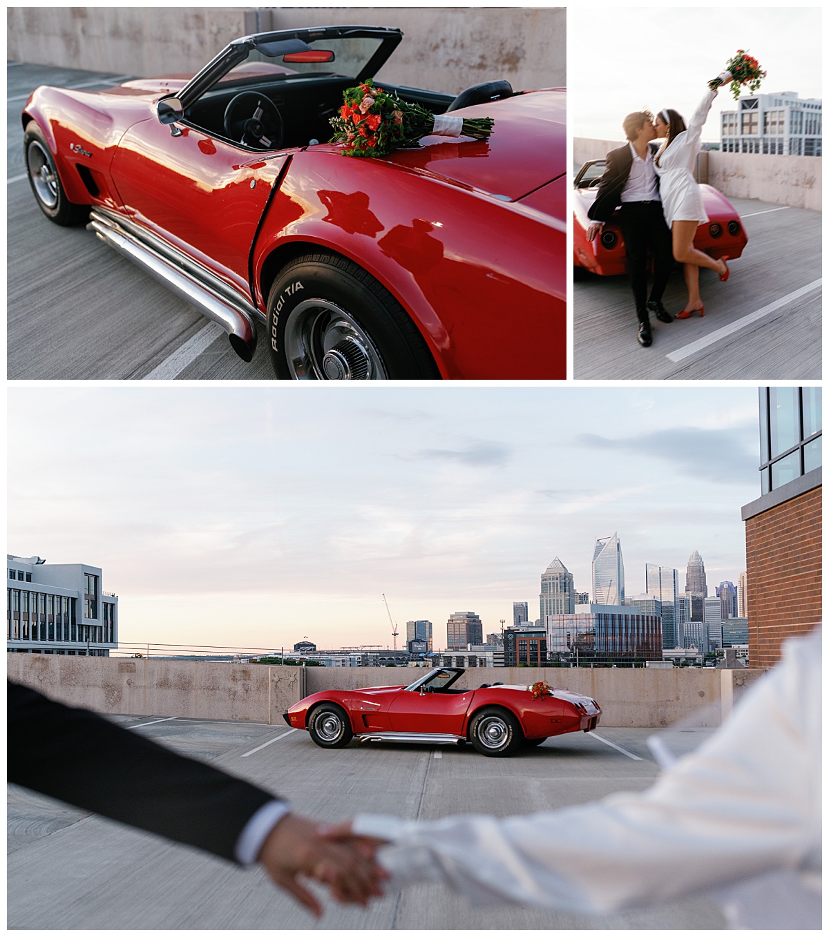 couple kisses while leaning on the back of a red car during rooftop session
