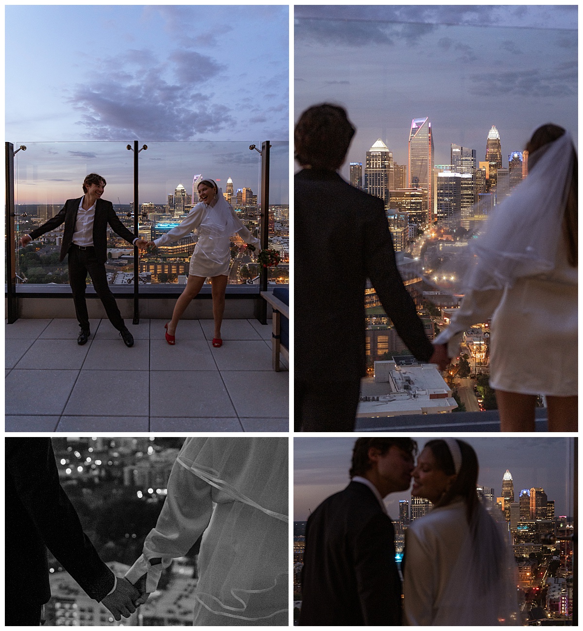 couple dances together overlooking city during rooftop session