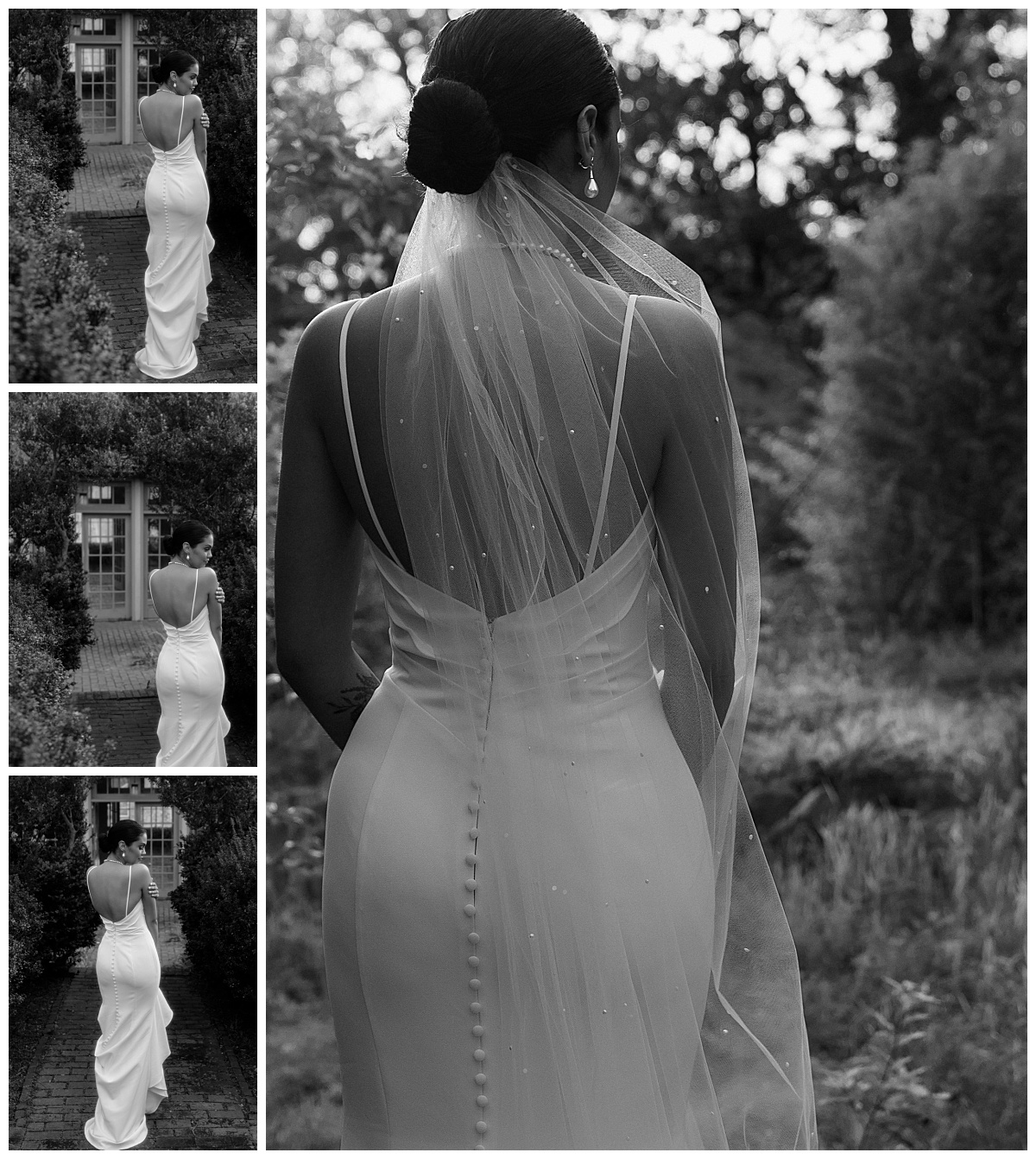 details of gown shown off as woman walks in garden at VanLandingham Estate bridal session