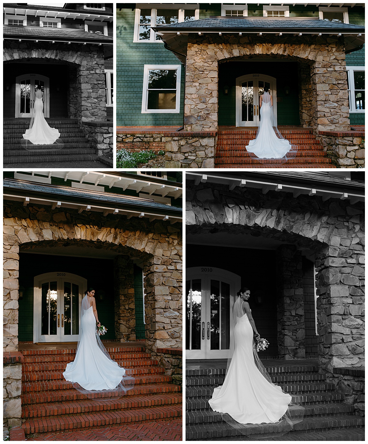 bride shows off back of gown on front steps by Charlotte wedding photographer