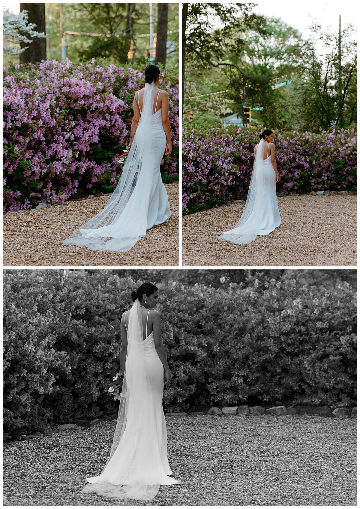 woman walks along path by flowers at VanLandingham Estate bridal session