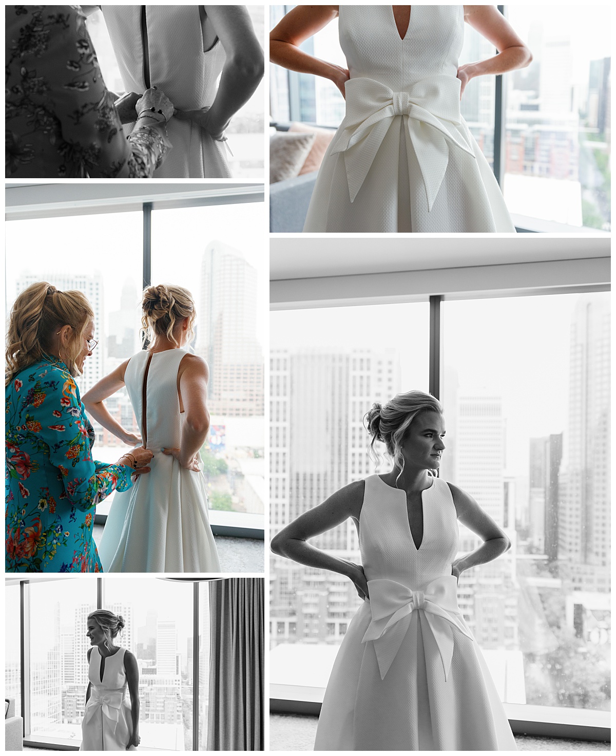 bridal gown has large, white bow at waist by Charlotte wedding photographer