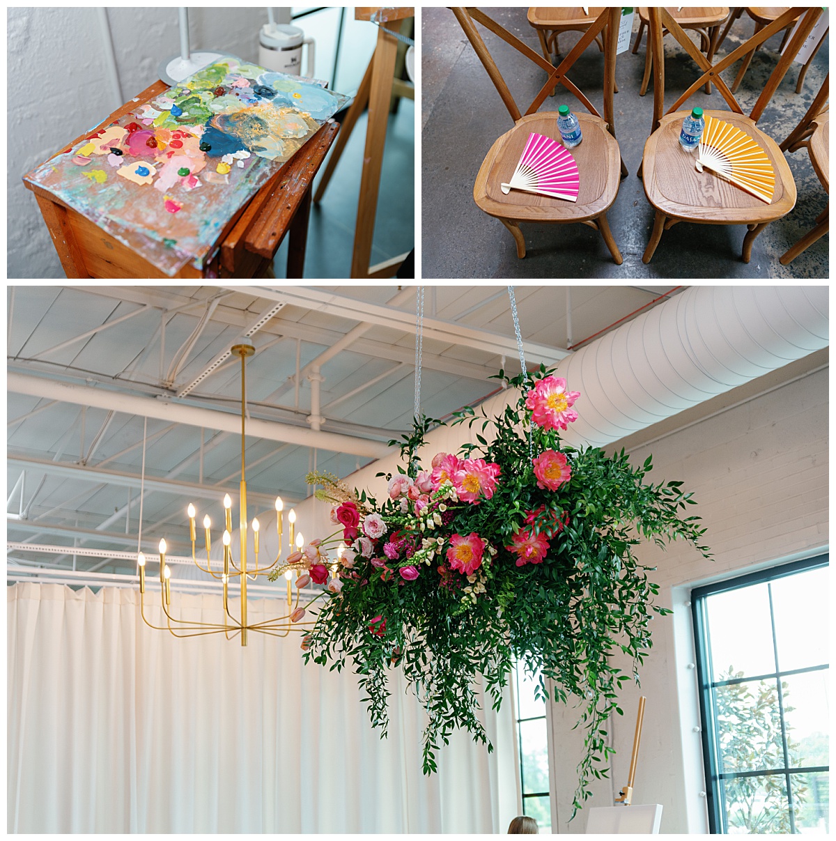 bright flowers hang from the ceiling and fans sit on chairs as guests arrive at The Ruth