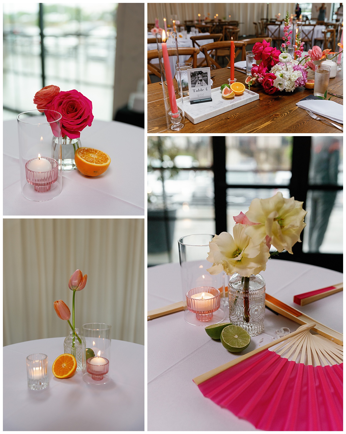 reception tables decorated with candles, citrus, and colorful flowers by Charlotte wedding photographer