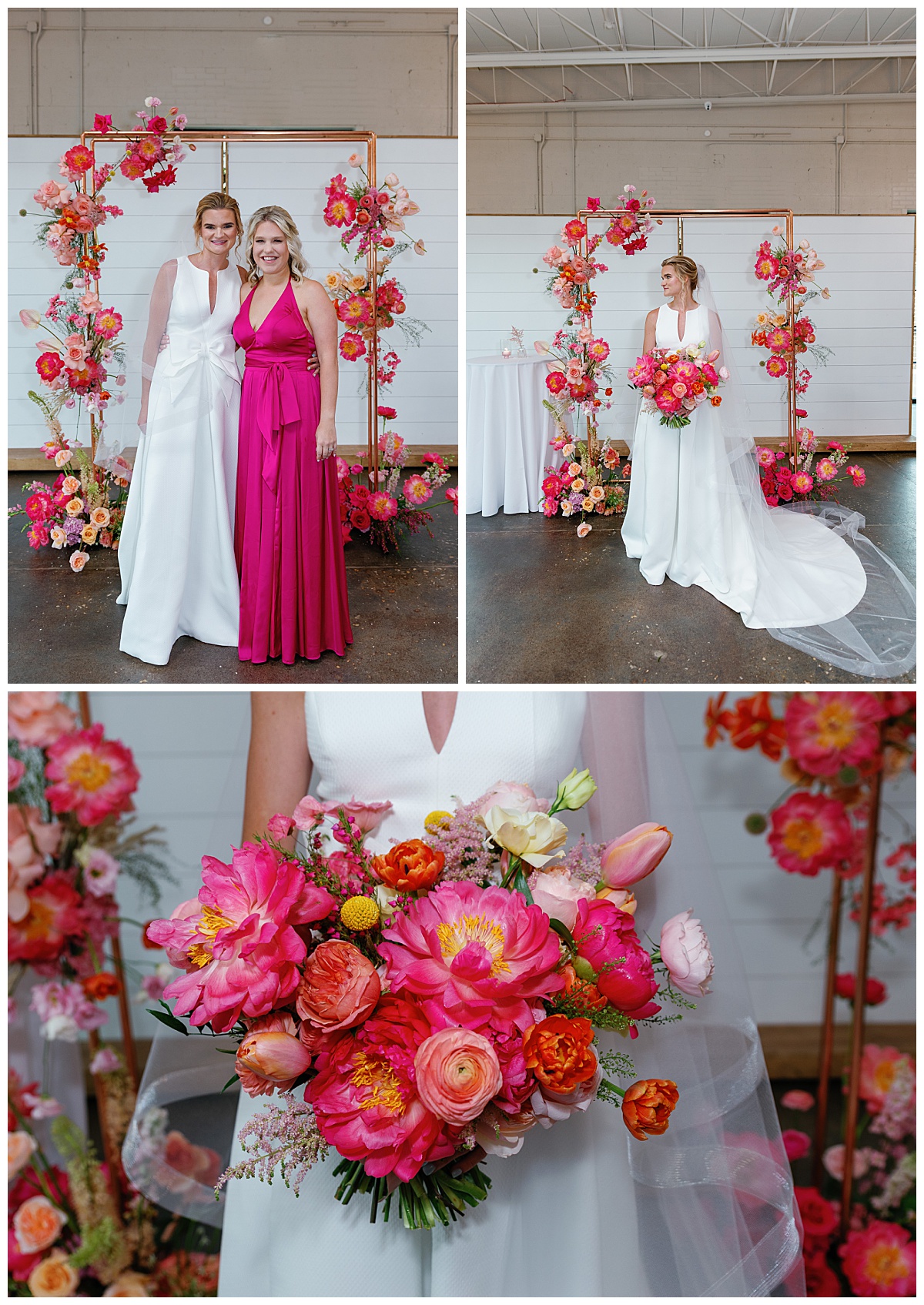 bridal bouquet includes bright pink and orange flowers at The Ruth