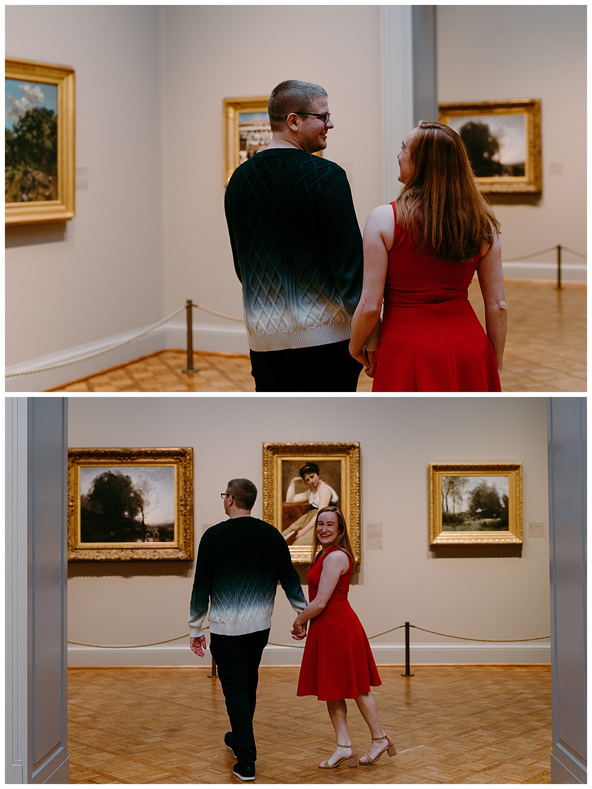 couple holds hands while exploring museum by destination wedding photographer