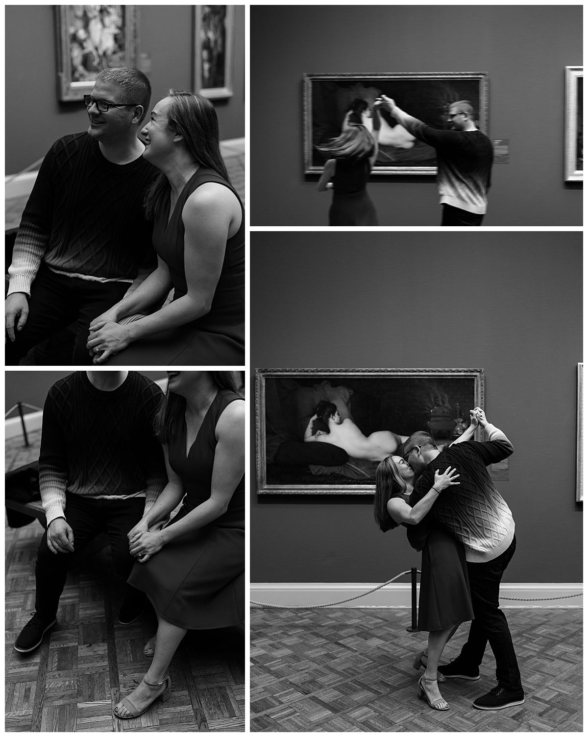 man spins woman in front of painting at Art Institute of Chicago
