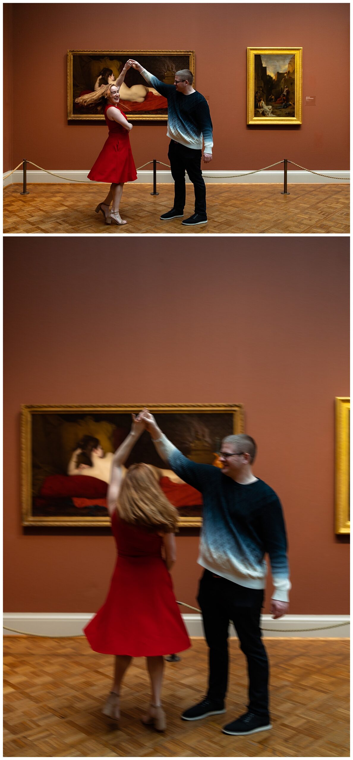 couple dances together in front of paintings by destination wedding photographer