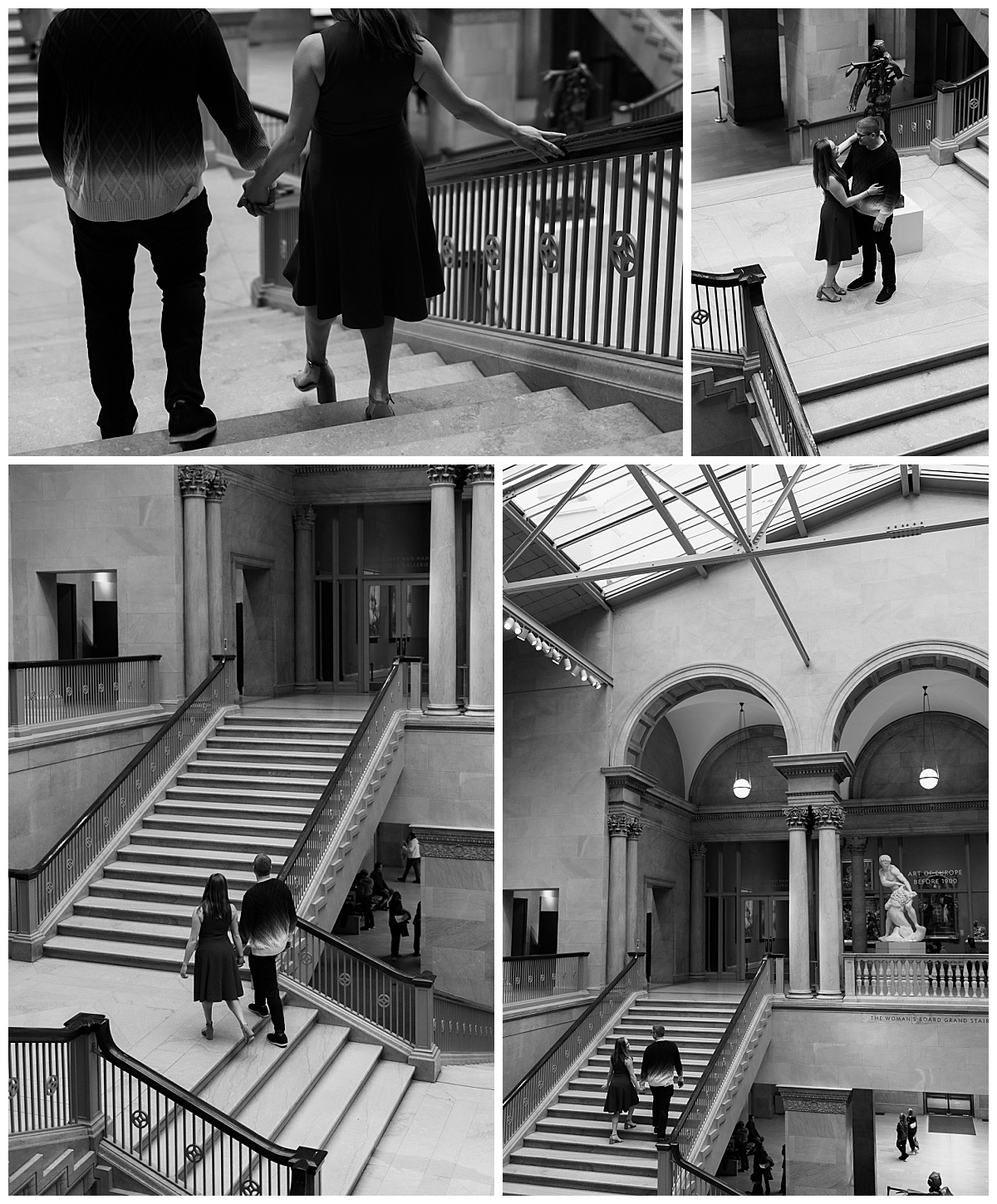 man and woman walk down grand staircase at Art Institute of Chicago