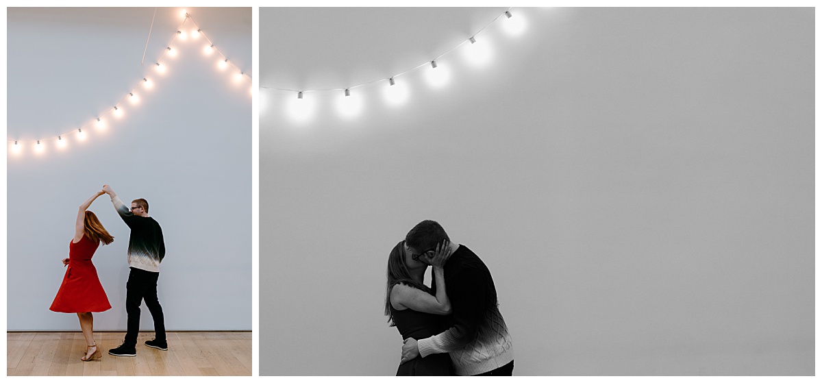 man spins woman under lights at Art Institute of Chicago